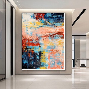 抽象画、大きな壁アート、キャンバスの絵画、ピンク ブルー & イエローの抽象キャンバス アート、寝室の壁の装飾、オリジナル絵画、NI033