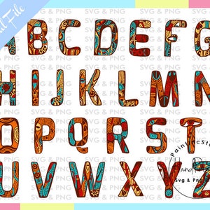 May include: A digital file featuring the alphabet, each letter designed with a unique pattern in shades of brown, orange, and teal. The letters are displayed on a white background, with the words "Digital File" in the upper left corner.