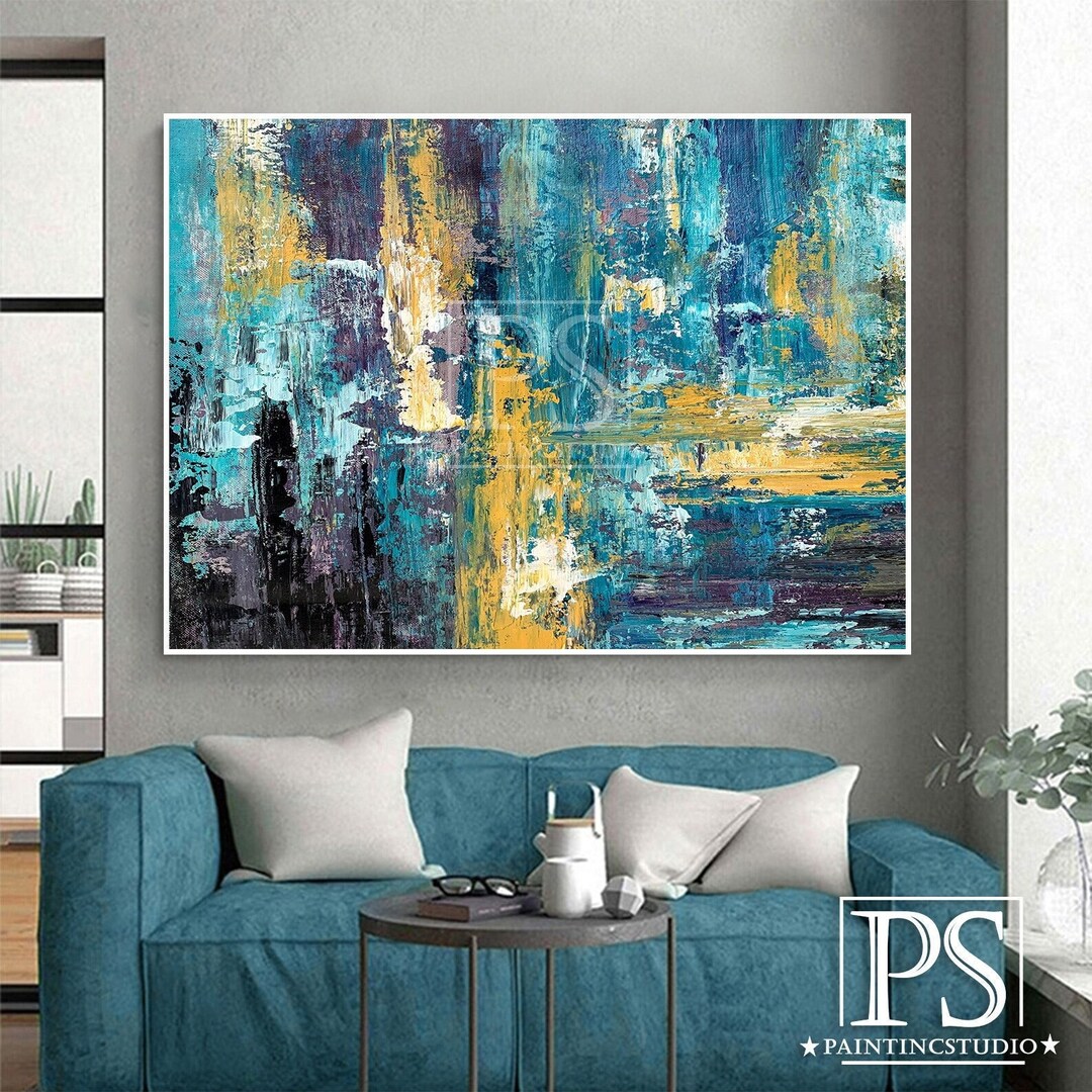 Extra Large Abstract Painting on Canvas, Blue Gold Wall Art, Original