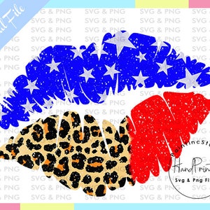 May include: Digital file featuring a stylized lips design. The lips are segmented with a blue section with white stars, a red section, and a leopard print section. The words "Digital File" are in the upper left corner.