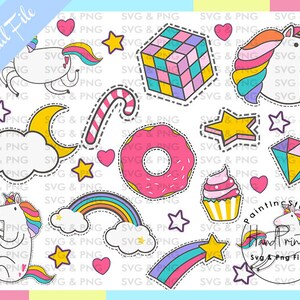 Puede incluir: Una colecci&oacute;n de pegatinas digitales coloridas con unicornios, un cubo de Rubik, una rosquilla, una magdalena, estrellas, un arco&iacute;ris, un diamante, un bast&oacute;n de caramelo, una luna y corazones. El texto "Digital File" es visible.