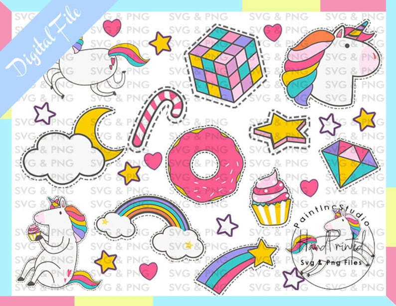 Puede incluir: Una colecci&oacute;n de pegatinas digitales coloridas con unicornios, un cubo de Rubik, una rosquilla, una magdalena, estrellas, un arco&iacute;ris, un diamante, un bast&oacute;n de caramelo, una luna y corazones. El texto "Digital File" es visible.