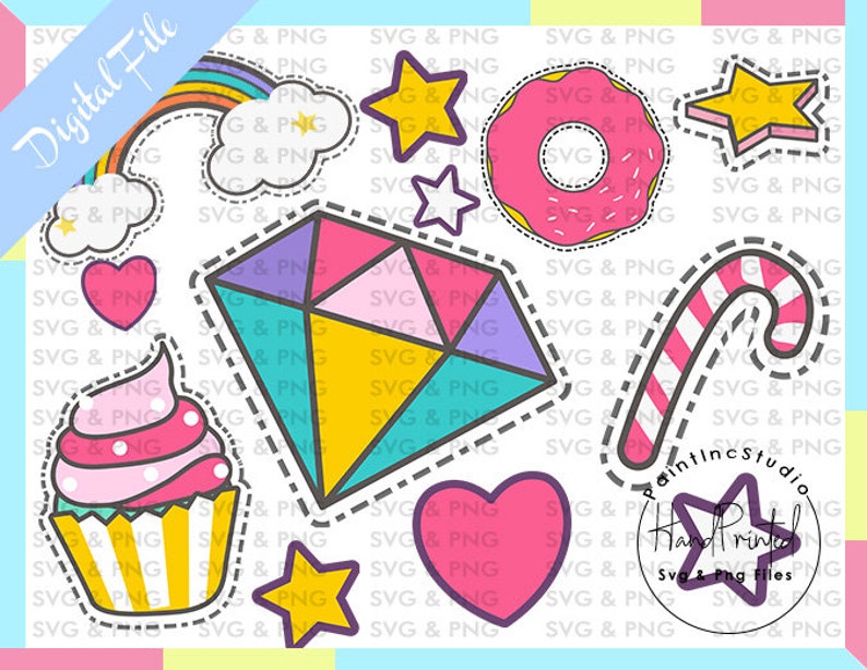 Puede incluir: Archivo digital con ilustraciones de dibujos animados coloridos. Incluye un arco&iacute;ris, estrellas, una rosquilla, un diamante, una magdalena, un bast&oacute;n de caramelo y corazones. El texto "Digital File" es visible. Las ilustraciones est&aacute;n delineadas con una l&iacute;nea de puntos.