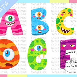 Op de afbeelding: Kleurrijke alfabetletters A, B, C, D, E en F met monsterthema. Elke letter heeft een andere kleur en een uniek monstergezicht met ogen, tanden en uitdrukkingen. De woorden "Digital File" en "Hand Printed" zijn ook zichtbaar.