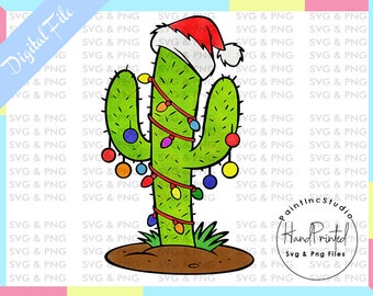 Weihnachtskaktus mit Lichtern PNG, Weihnachtsmannmütze, Hand gezeichnet (Digitaler Download)
