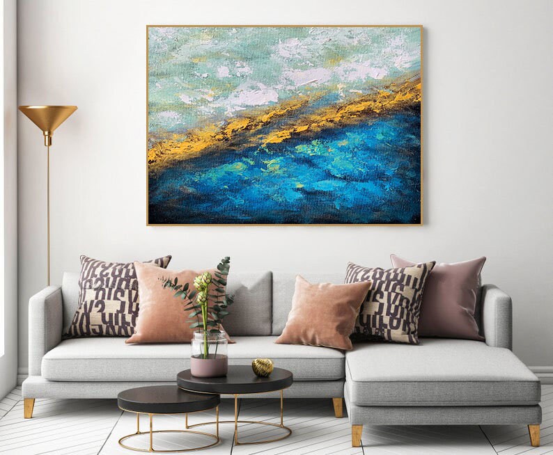 Large Wall Artcanvas Wall Artblue & Gold Abstract Etsy