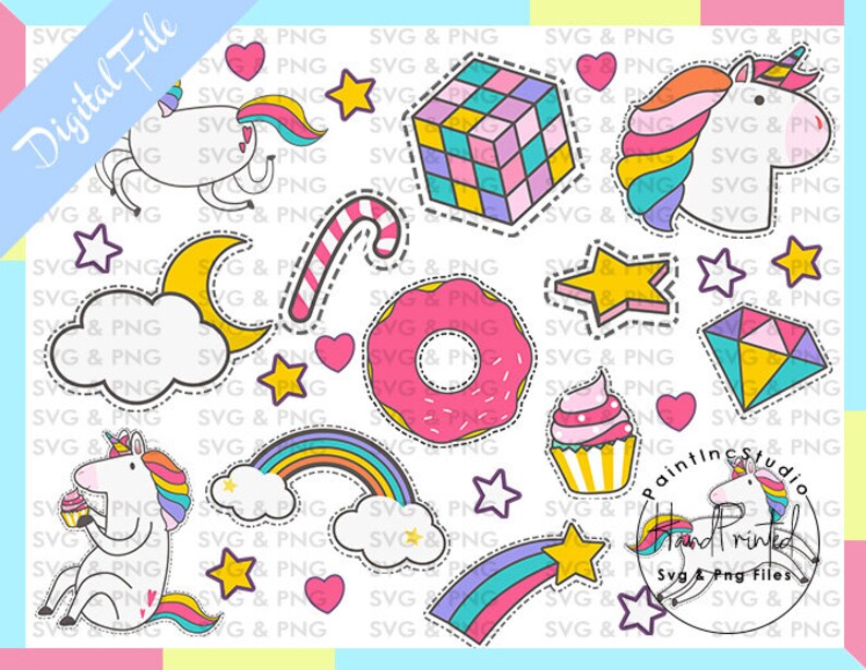 Puede incluir: Una colecci&oacute;n de pegatinas digitales coloridas con unicornios, un cubo de Rubik, una rosquilla, una magdalena, estrellas, un arco&iacute;ris, un diamante y corazones. Las pegatinas tienen un borde blanco y est&aacute;n etiquetadas como "Digital File".