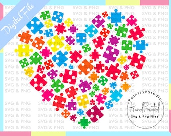 Rompecabezas de corazón para concienciar sobre el autismo, clipart colorido (descarga digital)