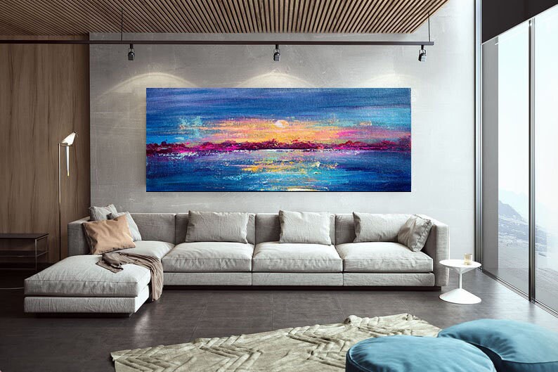 Landscape Paintingsunsetlarge Wall Artcanvas Wall Artblue Etsy