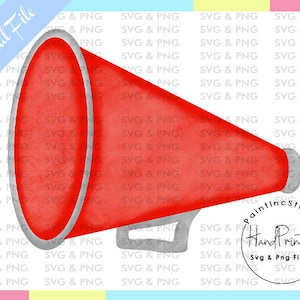 May include: A red megaphone illustration with a silver trim and handle. The words "Digital File" are in a blue banner in the upper left corner. The image also includes the text "Hand Painted SVG & PNG Files".