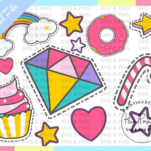 Puede incluir: Un archivo digital con ilustraciones de dibujos animados coloridos. Incluye un arco&iacute;ris, estrellas, una rosquilla, un diamante, una magdalena, un bast&oacute;n de caramelo y corazones. El texto "Digital File" es visible. Las ilustraciones est&aacute;n delineadas con una l&iacute;nea de puntos.