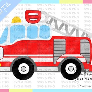 Puede incluir: Ilustraci&oacute;n de un cami&oacute;n de bomberos rojo y blanco con ruedas negras, una escalera y el texto "Digital File". El dise&ntilde;o incluye una luz amarilla y ventanas azules. Es un archivo digital.