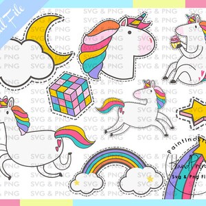 Puede incluir: Un conjunto de pegatinas digitales con unicornios, arco&iacute;ris, estrellas, un cubo de Rubik y una luna creciente. Los unicornios tienen crines y colas coloridas. El texto "Digital File" est&aacute; en la esquina superior izquierda.