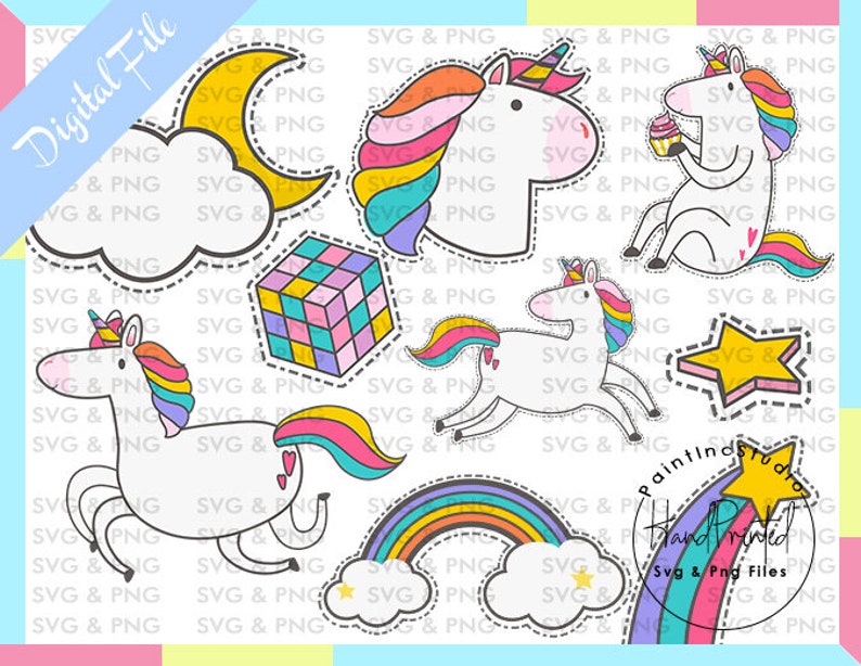 Puede incluir: Un conjunto de pegatinas digitales con unicornios, arco&iacute;ris, estrellas, un cubo de Rubik y una luna creciente. Los unicornios tienen crines y colas coloridas. El texto "Digital File" est&aacute; en la esquina superior izquierda.