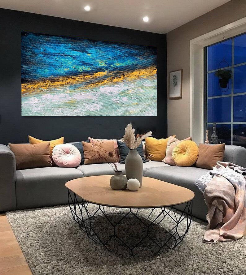 Large Wall Artcanvas Wall Artblue & Gold Abstract Etsy