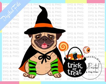 Clipart de perro pug de Halloween, truco o trato PNG (archivo digital)
