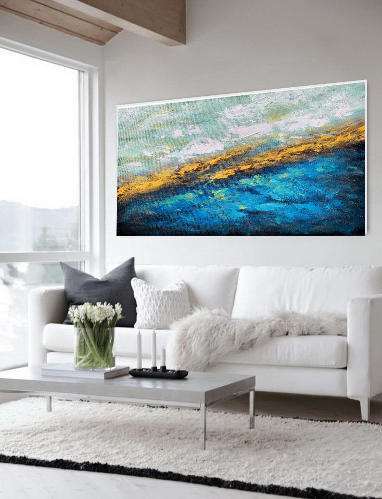 Large Wall Artcanvas Wall Artblue & Gold Abstract Etsy