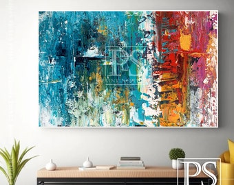 Extra Large Abstract Painting On Canvas, Blue Gold Wall Art, Original Textured Artwork, Oversize Canvas Wall Art, Living Room Art Decor