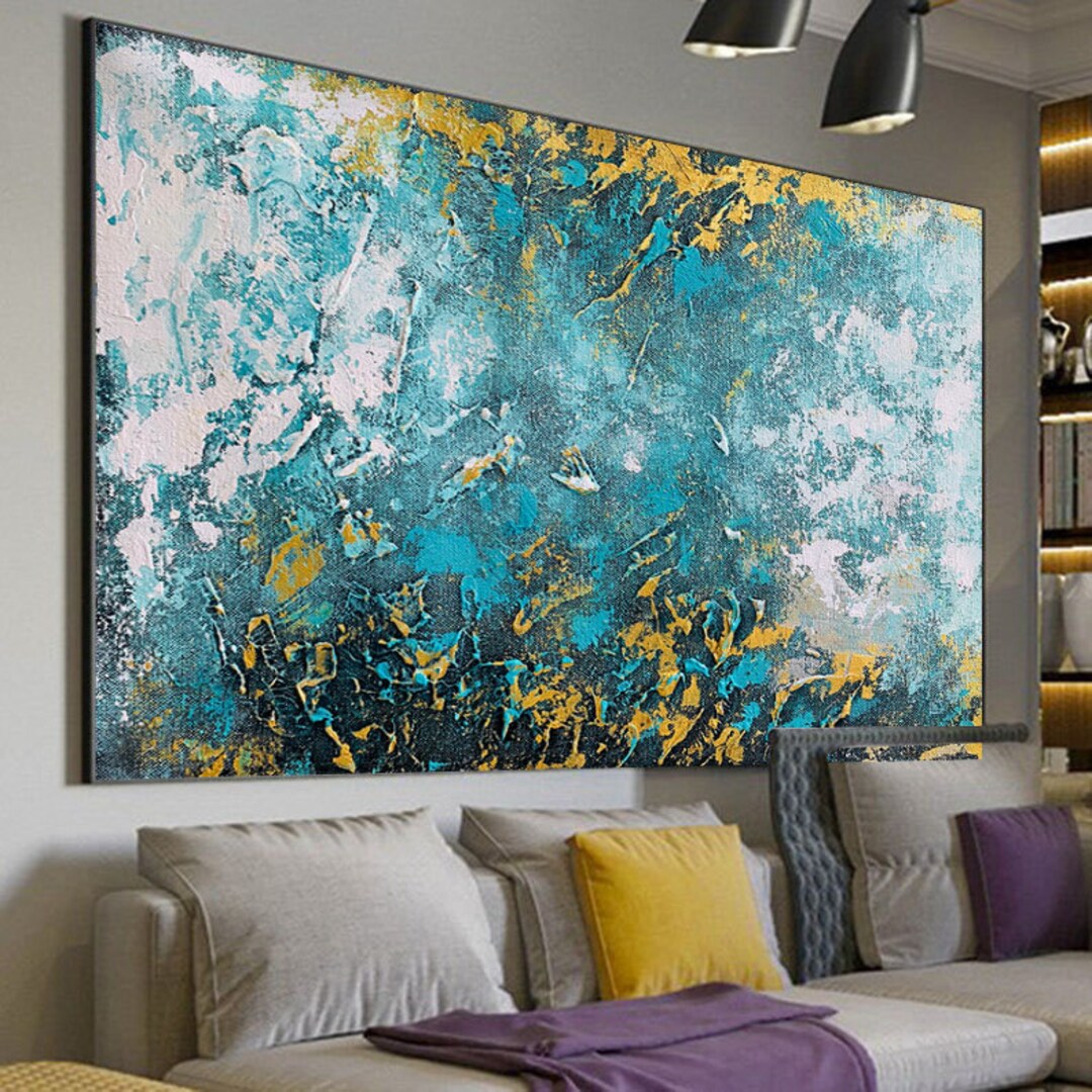 Extra Large Paintingteal Blue and Gold Abstract Etsy