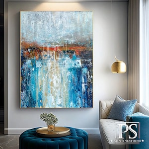 Blue Abstract Textured Oil Painting on Canvas, Large Original Modern Custom Blue Acrylic Painting Living Room Wall Art Home Décor Mural
