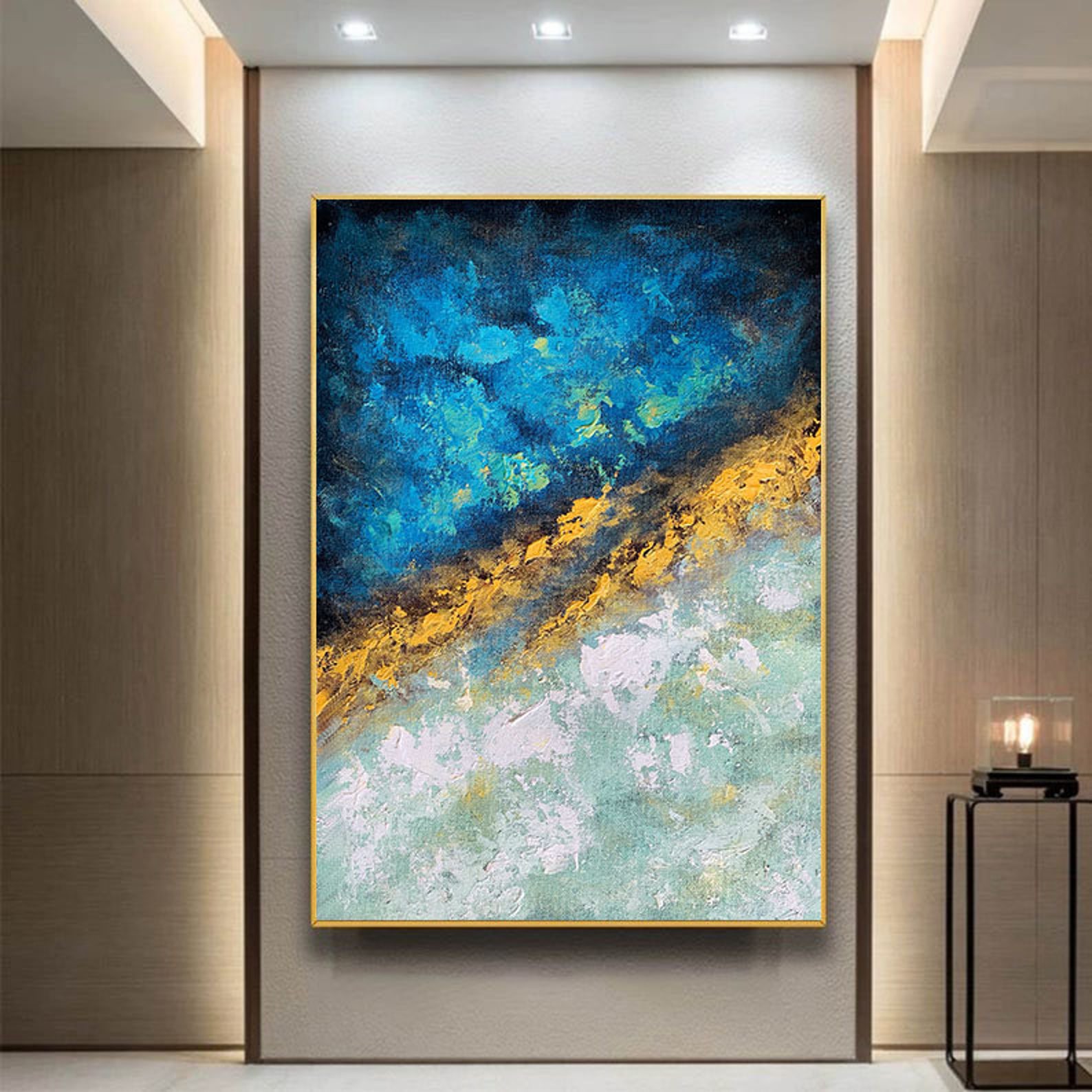 Large Wall Artcanvas Wall Artblue & Gold Abstract Etsy