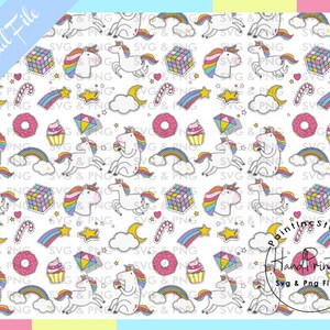 Puede incluir: Un fondo blanco est&aacute; cubierto con ilustraciones coloridas de unicornios, arco&iacute;ris, donas, cupcakes, estrellas y otros elementos caprichosos. Tambi&eacute;n est&aacute;n presentes las palabras "Digital File" y "Hand Printed SVG & PNG Files".