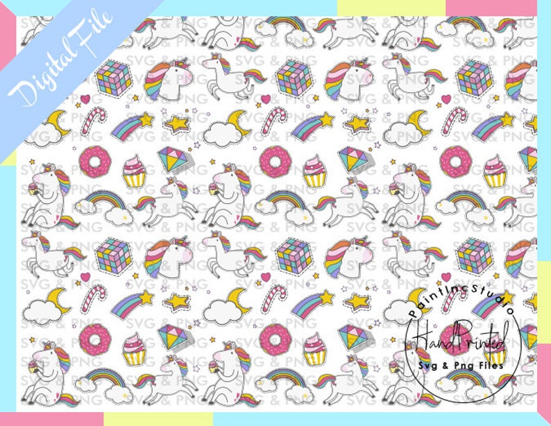 Puede incluir: Un fondo blanco est&aacute; cubierto con ilustraciones coloridas de unicornios, arco&iacute;ris, donas, cupcakes, estrellas y otros elementos caprichosos. Tambi&eacute;n est&aacute;n presentes las palabras "Digital File" y "Hand Printed SVG & PNG Files".