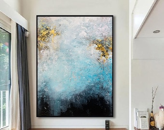 Large Oil Painting Abstract Blue & White Art Abstract Painting White Painting Gold Painting Living Room Art Abstract Painting Canvas PA0029
