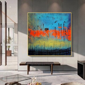 Extra groot abstract schilderij op canvas, blauwgouden muurkunst, originele getextureerde kunstwerken, oversize canvas muurkunst, woonkamer kunstdecor