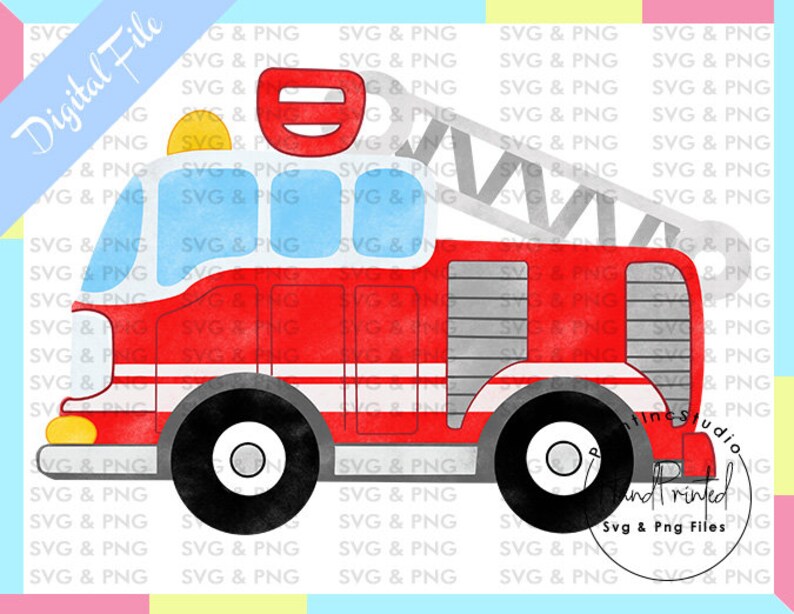 Puede incluir: Ilustraci&oacute;n de un cami&oacute;n de bomberos rojo con ruedas negras, una escalera plateada y una luz amarilla. La imagen incluye el texto "Digital File" y "SVG & PNG Files".