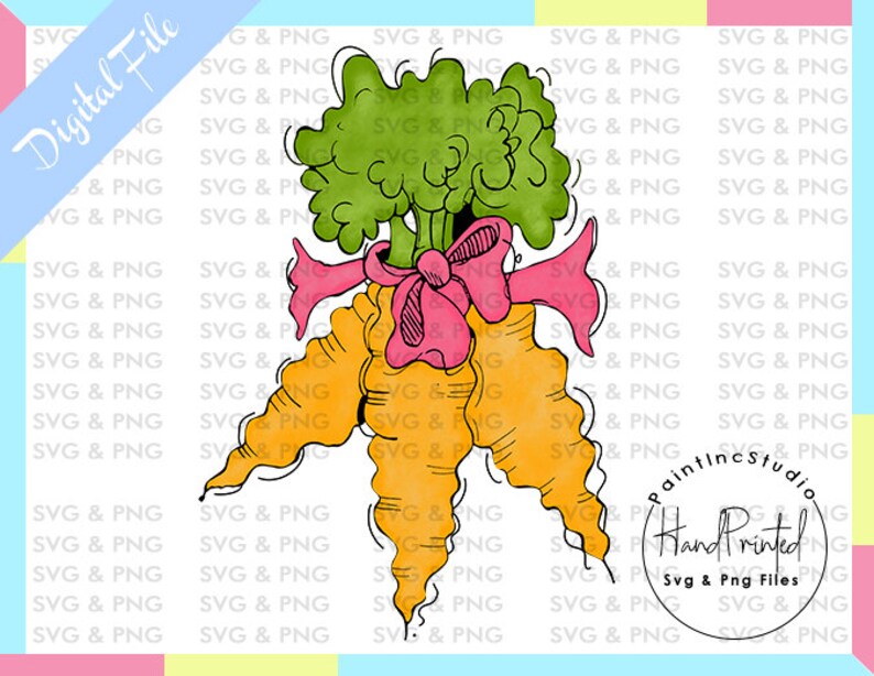 Pode incluir: Ilustra&ccedil;&atilde;o em aquarela de cenouras com folhas verdes amarradas com um la&ccedil;o rosa. A imagem tem o texto "Digital File" e "Hand Painted SVG & PNG Files". As cenouras s&atilde;o laranja com folhas verdes.