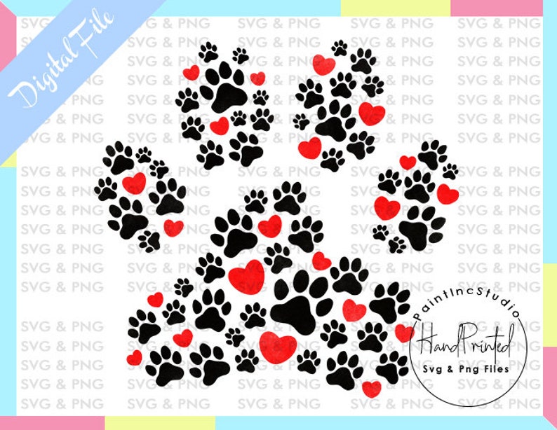 Puede incluir: Archivo digital con un dise&ntilde;o de huella de pata compuesto por huellas de pata negras y corazones rojos. Las palabras "Digital File" est&aacute;n en una pancarta azul. Tambi&eacute;n son visibles las palabras "Hand Printed" y "SVG & PNG Files".
