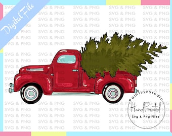 Weihnachten Roter LKW mit Baum PNG Clipart (Digital)