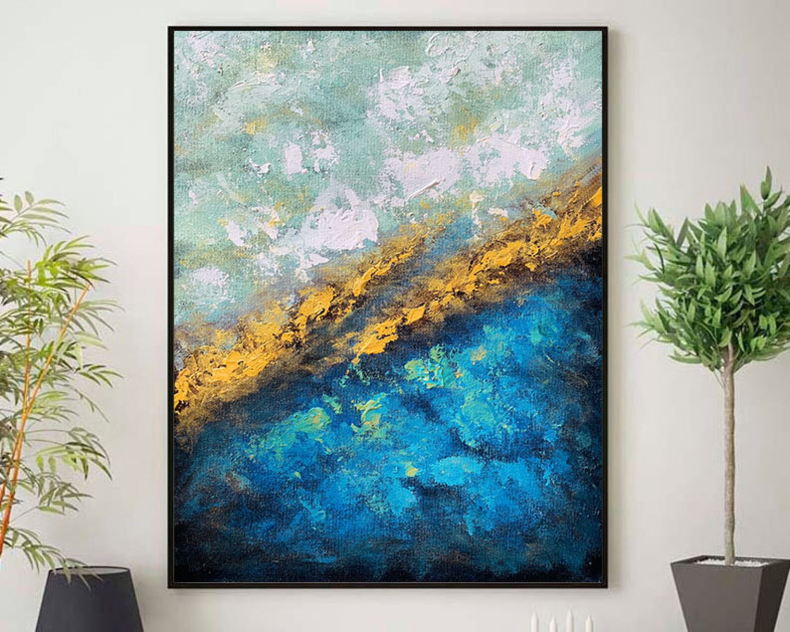 Large Wall Artcanvas Wall Artblue & Gold Abstract Etsy