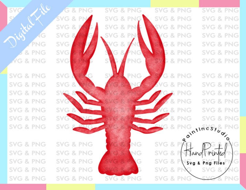 K&ouml;nnte beinhalten: Eine Illustration im Aquarellstil eines roten Flusskrebses. Der Flusskrebs wird mit detaillierten Scheren, Beinen und Antennen dargestellt. Das Bild enth&auml;lt den Text "Digital File" und "Hand Printed SVG & PNG Files".