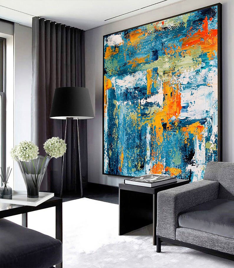 Large Wall Artcanvas Wall Artteal Blue & Orange Abstract Etsy