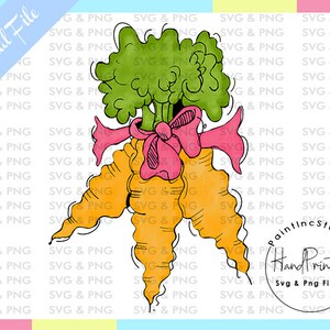 Pode incluir: Ilustra&ccedil;&atilde;o em aquarela de cenouras com folhas verdes amarradas com um la&ccedil;o rosa. A imagem tem o texto "Digital File" e "Hand Painted SVG & PNG Files". As cenouras s&atilde;o laranja e as folhas s&atilde;o verdes.