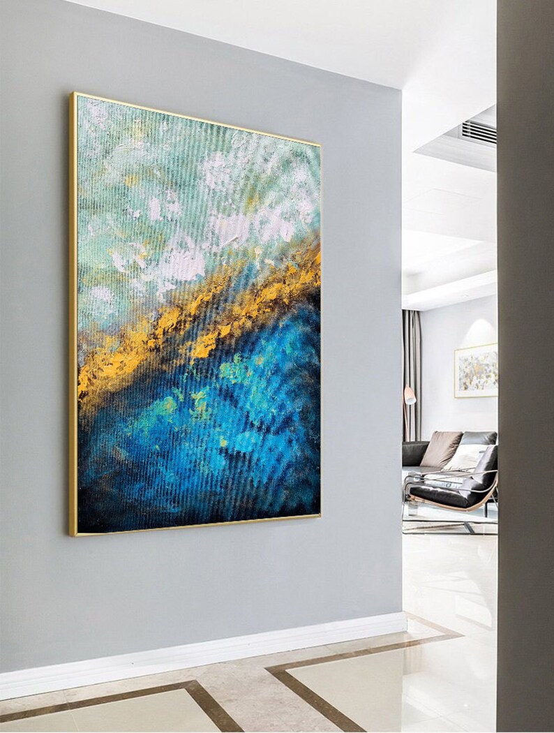Large Wall Artcanvas Wall Artblue & Gold Abstract Etsy