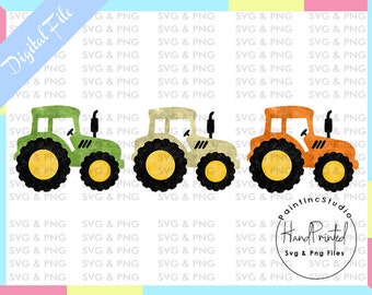 Trío de tractores en acuarela, imágenes prediseñadas de granja (descarga digital)