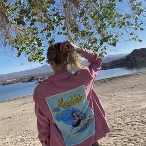 May include: A pink long-sleeved button-up shirt with a cartoon image of Aladdin and Genie on the back. The image is in a blue, green, and yellow color scheme. The text "Aladdin" is printed in white on the image.