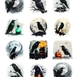May include: A sheet of twelve temporary tattoos featuring black raven illustrations with various motifs including full moons, skulls, a witch hat, a glowing green potion bottle, a haunted house, a jack-o'-lantern, candles, and spider webs. Text 71992.