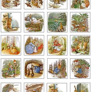 May include: A collection of twenty square stickers featuring classic watercolour illustrations of Peter Rabbit in various garden and woodland scenes, including rabbits eating vegetables, wearing blue jackets, and interacting with other small animals.
