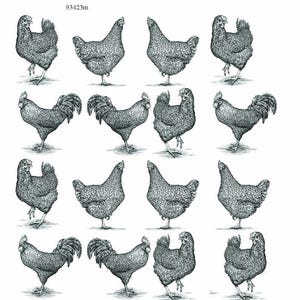 May include: A collection of black and white ink-style illustrations featuring sixteen chickens and roosters in various poses, arranged in a four-by-four grid pattern. The text 93423m is printed in the top left corner of the image.