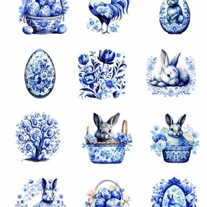 May include: A collection of twelve blue and white decorative stickers featuring various illustrations including a basket of eggs, a rooster, rabbits, floral arrangements, and an egg-shaped tree. The number 48476 is printed at the top of the sheet.