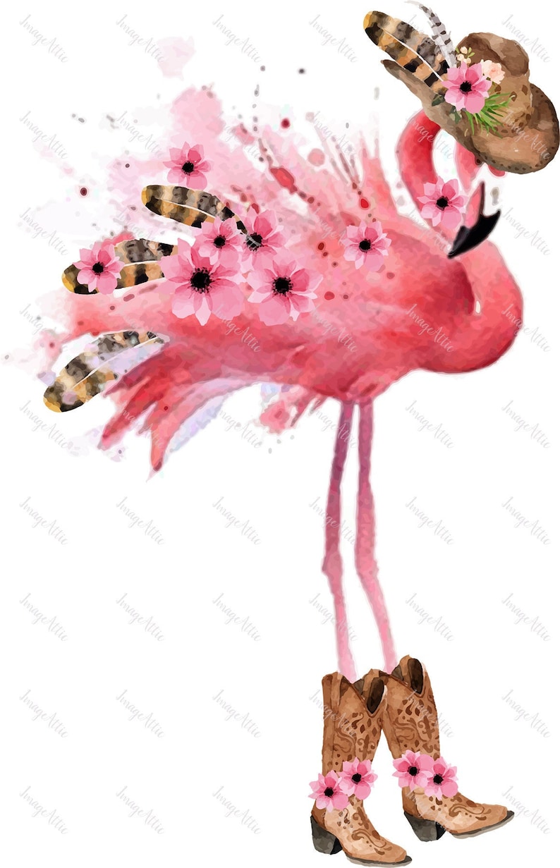 Puede incluir: Un flamenco rosa con un sombrero de vaquero con flores rosas y botas de vaquero marrones. El flamenco est&aacute; pintado en estilo acuarela con salpicaduras rosas y blancas.