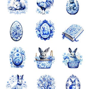 May include: A collection of blue and white illustrations featuring rabbits, roosters, floral eggs, a book, and a tree with egg-shaped ornaments. The designs incorporate intricate patterns and motifs, with the number 56434 printed in the top corner.