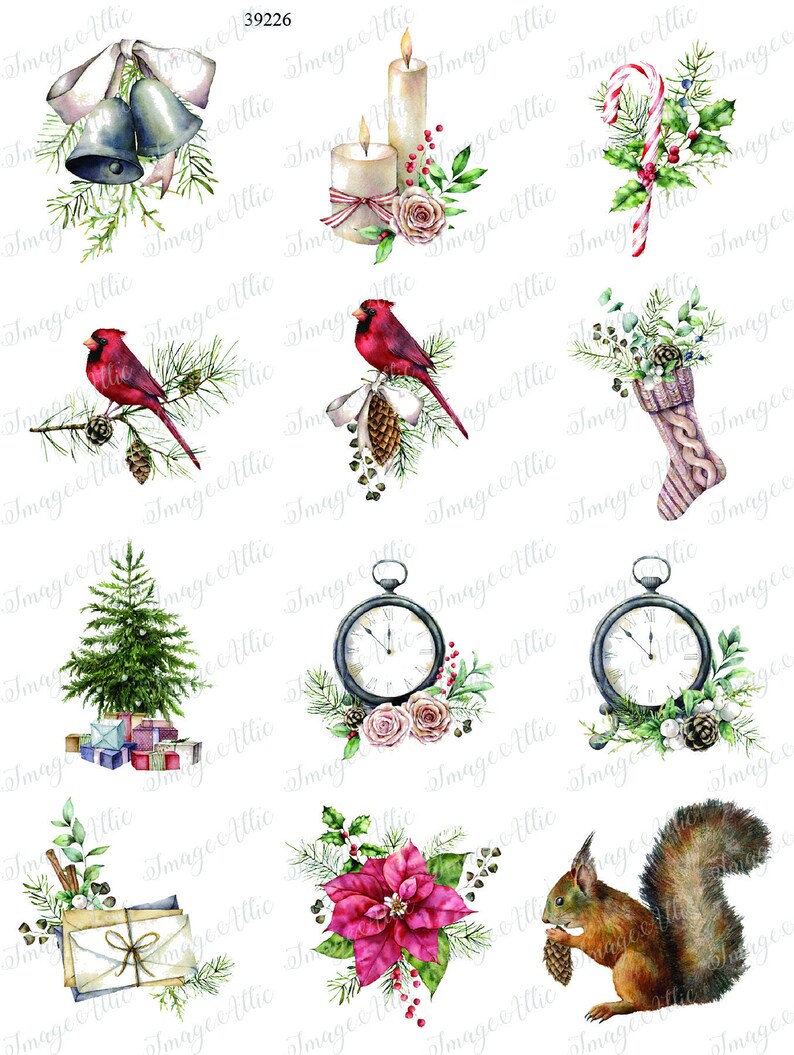 May include: A set of twelve watercolor illustrations featuring winter holiday themes. The illustrations include a pair of silver bells, two white candles, a candy cane, a cardinal perched on a branch, a stocking, a Christmas tree with presents, two antique clocks, a poinsettia, and a squirrel holding a pine cone.