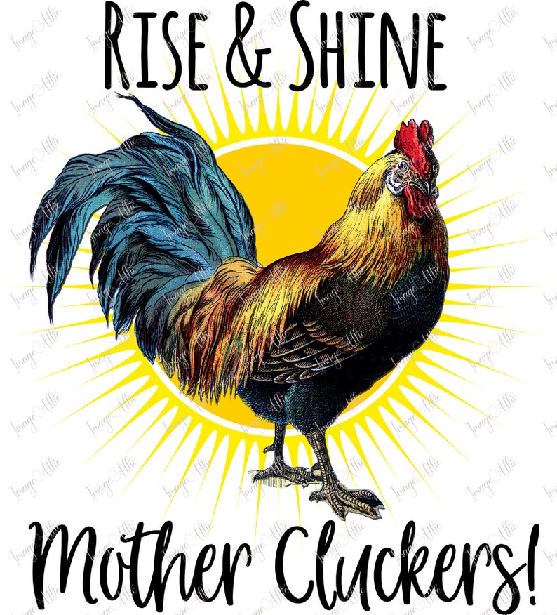 May include: A rooster with a yellow, red, and blue plumage stands in front of a yellow sun with rays. The text "RISE & SHINE" is above the rooster and the text "Mother Cluckers!" is below the rooster.