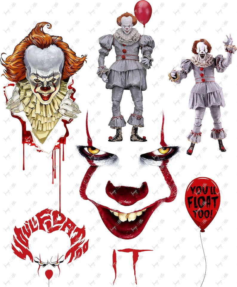 May include: A digital collage featuring the character Pennywise from the movie "IT". The collage includes a close-up of Pennywise's face, a full-body image of Pennywise, and a red balloon with the text "You'll Float Too!"