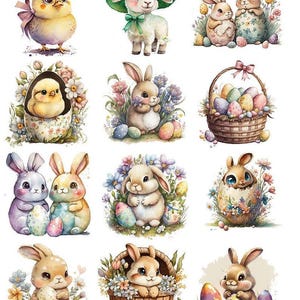 May include: A collection of twelve Easter-themed illustrations featuring chicks, lambs, and rabbits with colorful eggs, flowers, and baskets. The images include various pastel-colored animals and decorative patterns. The number 65341 is printed at the top.